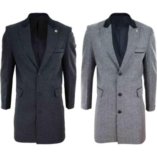 Mens Herringbone Tweed Long Overcoat One Piece Suits Peaky Blinders Suit Wool Tweed Jacket Vest Custom Made Costume