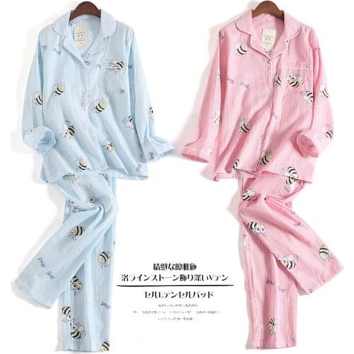 Spring And Autumn WomenS Cotton Double Gauze Long-Sleeved Pajamas Suit Summer Thin Cotton Sleepwear Nightwear Home Service