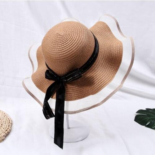 2020 Fashion Lace Bow Summer Sun Hat Women Big Wide Bream Straw Hats Sunshade Panama Cap Beach Hat Chapeu