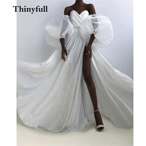 Elegant Long Bling A Line Short Puff Sleeves Princess Wedding Dresses Side Slit Sweetheart Bridal Gowns Marriage Bride Dress