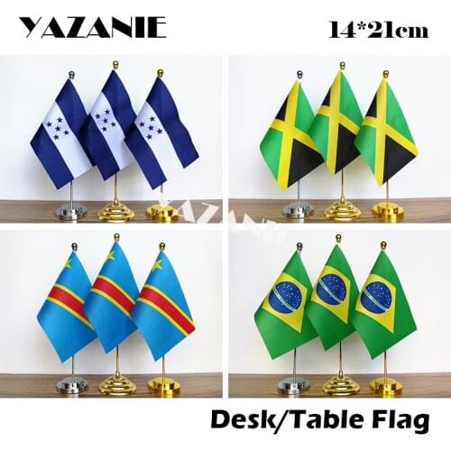 YAZANIE 14*21cm Honduras Table Flag with Golden Metal Base & Pole Jamaica Congo Office Desk Flag Brazil National Hand Flags