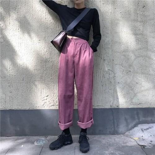 Women Elastic High Waist Pants Corduroy Long Trousers Streetwear Straight Pantalon Femme Loose Pantalones Mujer Pantalon Femme