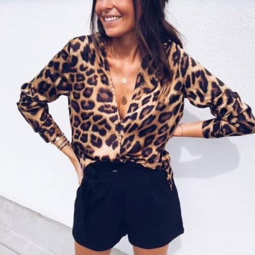 Summer Office Shirts Lady Fitted Pullovers Long Sleeve Tee V-Neck Leopard Shirts Autumn Casual Women Top Female Clothing
