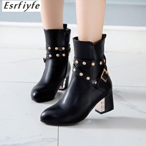 ESRFIYFE New Winter Women Ankle Western Ankle Boots 5.5cm Thick High Heels Zipper Boots Winter Casual Shoes Woman Large Size 48