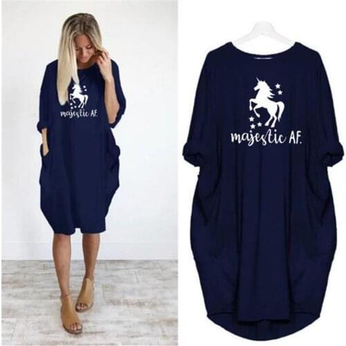 100% Premium Cotton Majestic Af Unicorn Letters Print Dress Pocket Dress Women Dresses Beach Maxi Zanzea Vestidos Mujer PlusSize