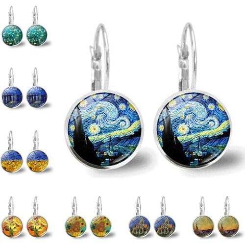 1Pair New Glamour Simple Silver Color Van Gogh Famous Artist Star Night Glass Cabochon Time Gem Earrings Female Jewelry Gift