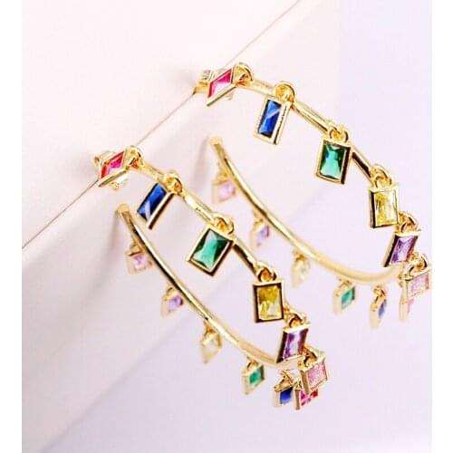 2Pairs, Rainbow Gold/Silver color Geometric Crystal Zirconia Charms Stud Earring Colorful Micro Pave CZ New Girl Women Jewelry