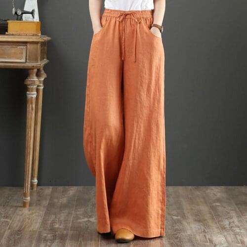 2021 Summer Fashion Women Cotton Pant Drawstring Loose High Waist Wide Leg Pants Casual Long Trousers Female Slacks Y934