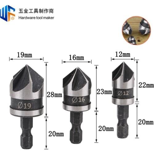 3pcs woodworking five-blade chamfering tool hexagonal handle 90 degree carbon steel countersink drill woodworking hole opener ch