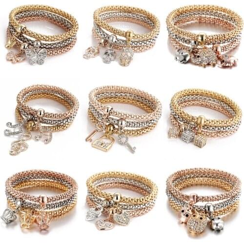 3Pcs/Set Animal Owl Crystal Crown Heart Bracelet & Bangle Gold Elephant Key Pendant Female Rhinestone Bracelet Gift