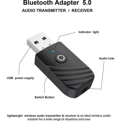 Bluetooth Adapter, Bluetooth 5.0 Audio Transmitter Receiver,3-in-1 USB Adapter with 3.5 mm Digital Audio Cable