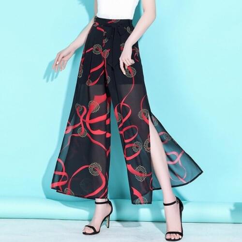 High Waist Fashion Print See Through Wide Leg Pants 2021 Summer Women Elegant Loose Casual Retro Plus Size Straight Trouser 1098