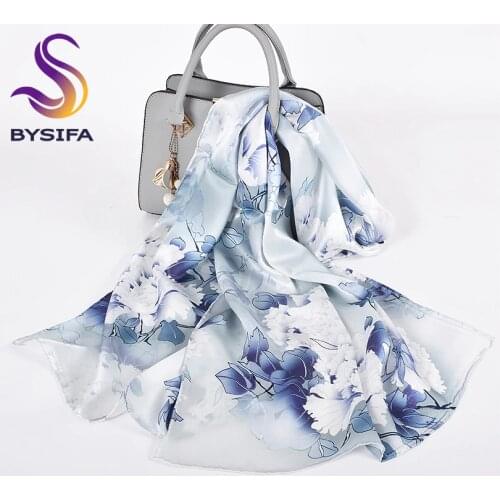 [BYSIFA] Grey White Water Ink Peony Women Silk Scarf 2018 New Design 100% Pure Silk Long Scarf Shawl Elegant Ladies Neck Scarves