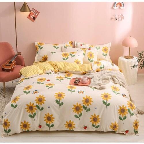 4pcs Quilt Duvet Cover Bed Linen Sunflower Plaid Family Washed Velvet Bedding Sheet Set Pillowcases Kids Twin Full Queen King