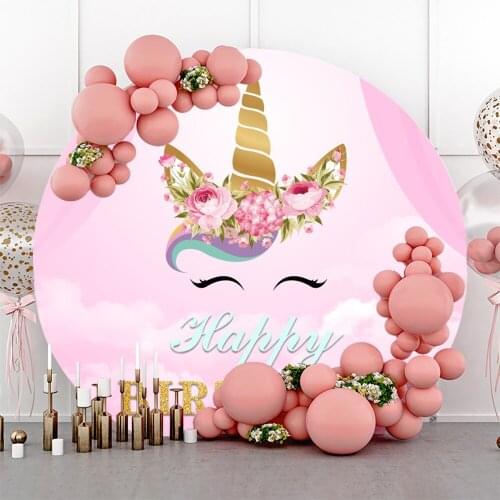 Laeacco Pink Flowers Unicorn Backdrop For Photography Baby Newborn Happy Birthday Party Customized Round Circle Photo Background