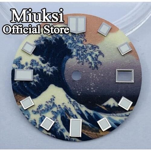 Miuksi 28.5mm Japan landscape painting dial super luminous watch dial fit NH35 movement for 4 o'clock crown
