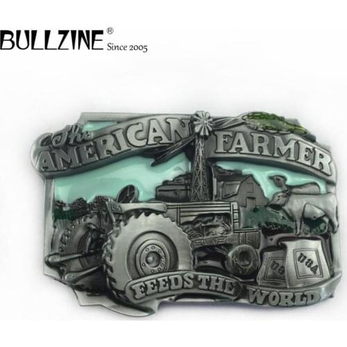 The Bullzine wholesale American farmer belt buckle with pewter finish FP-02483 suitable for 4cm width belt