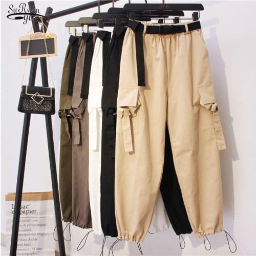 2020 Fall Cotton Solid Clothes with Safari Style High Waist Pants Women Casual Loose Pants Elastic Trousers Women Pantalon10656