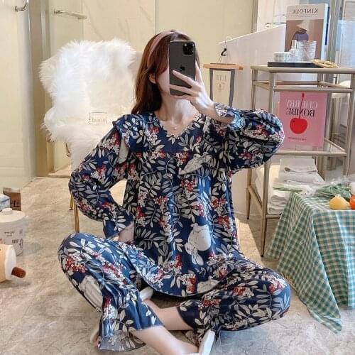 Cotton Silk Pajamas Womens Spring and Autumn Long-sleeved Thin Style Viscose Large Size Home Service Japanese Sweet Suit Summer