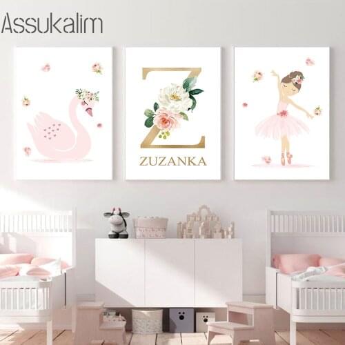 Nursery Wall Pictures Custom Name Canvas Painting Ballet Girl Poster Swan Wall Art Print Nordic Posters For Baby Kids Room Decor