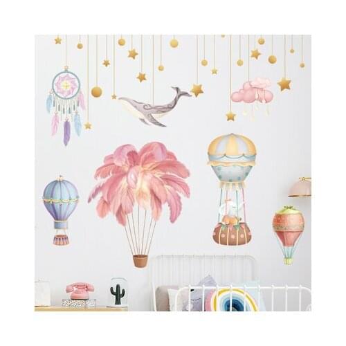Pink Hot Air Balloon Wall Stickers Girl Wall Decals Bedroom Cartoon Elephant Whale Starry Sky Nursery Wall Decor Vinyl Decal