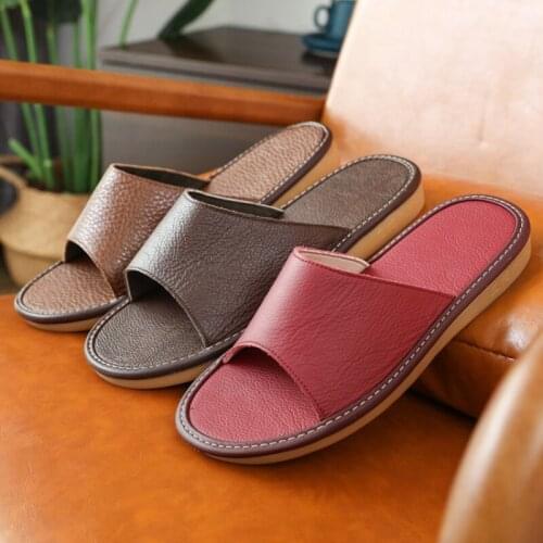 Popular Genuine Leather Comfortable Open Toe Flat Women Men Couples Slippers For Home Indoor House Bedroom Shoes Size 35-45