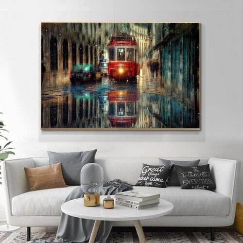 Vintage Bus Canvas Painting People and Cars on The Street In Rainy Day Posters and Prints Wall Art Picture for Living Room Decor
