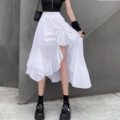 Summer High Waist Harajuku Ruffles A-line Girl Skirts Black White Irregular Lady Gothic Long Skirt Casual Korean Fashion Cloth