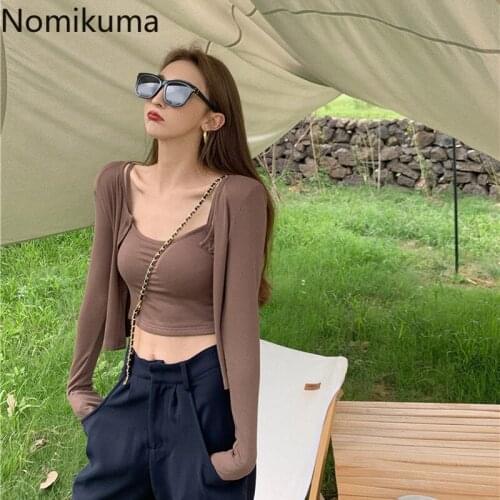 Nomikuma High Street Casual T Shirt Women O Neck Long Sleeve Cardigan Tops Solid Color Single Breasted Chic Tshirts Graphic Tees