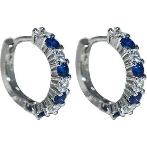 Gem Stone 925 Sterling Silver Hoop Earrings Blue Sapphire and White Rhinestone for Women Girls Gift