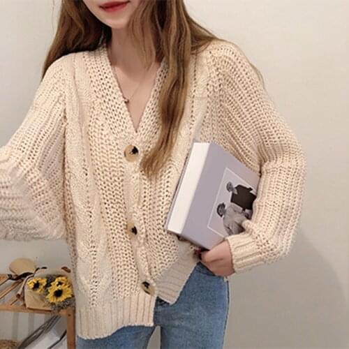 Sexy V neck women cardigan solid color casual loose lantern sleeve sweater fashion high street autumn winter top 2020