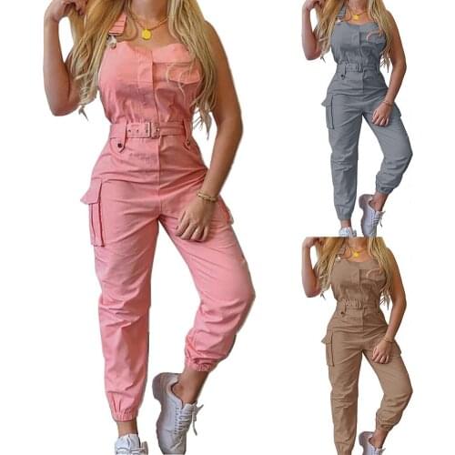 Casual jumpsuit women summer 2021 Fashion Sleeveless Pockets Blet Ankle Tied Long Pants Overall Jumpsuit Grey xxxl Street wear