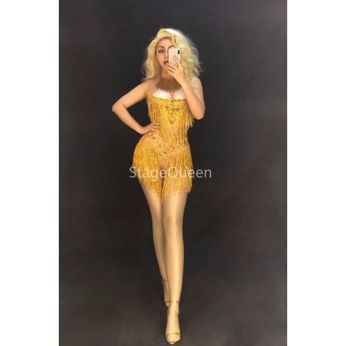 Women Sexy Gold Fringes Dance Bodysuit Female Birthday Celebrate Tassel Leotard Outfit Singer Dancer Fashion Stretch Bodysuit