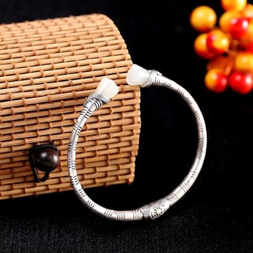 Womens S925 Silver Open Hetian Jade Bracelet