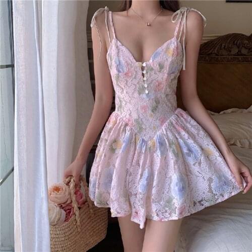 Sexy Floral Dress Women Spaghetti Strap Elegant Lace Patchwork V-Neck Hollow Out Summer New French Bodycon Clubwear Vestidos y2k