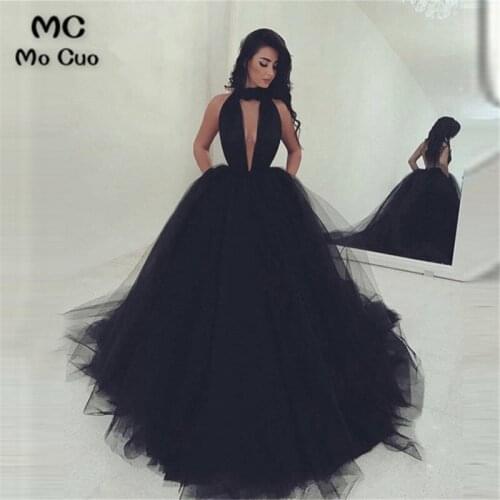In Stock 2018 Ready to Ship Evening Prom dresses Long Vestidos de fiesta Sleeveless Tulle Deep V-Neck Black Evening Dress