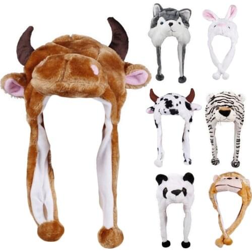 Adult Kids Winter Cute Plush Animal Character Beanie Hat with Pom Pom Ends Funny Stuffed Toy Earflap Cap Cosplay Costume