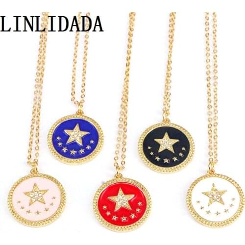 10Pcs, Enamel Round Necklace For Women Pave Cz Star Pendant Necklace CZ Cubic Zirconia Wholesale Jewelry Gifts