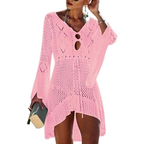 2021 Beach swimwear women Cover Up Hollow Out Knitted Women Flared Sleeves Solid Color Beach Dress for Vacation Black One Size