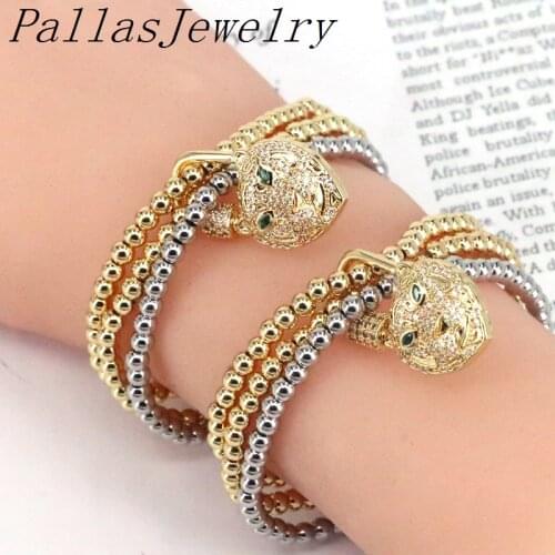 6Pcs luxury top quality Copper plated beads bracelet,cz micro pave Tiger head clasp charm bracelet