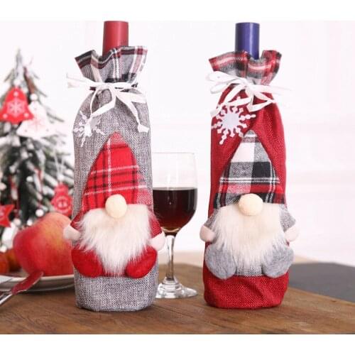Taoup Flax Hemp Plaid Stripe Merry Christmas Wine Bottle Cover Ornaments Christams Table Decors Xmas Decor for Home Noel Navidad