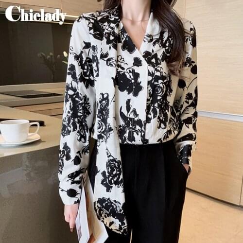 CHICLADY vintage bow collar long sleeve ink painting flower printed women shirt blous casual plus size tops de mujer chic french
