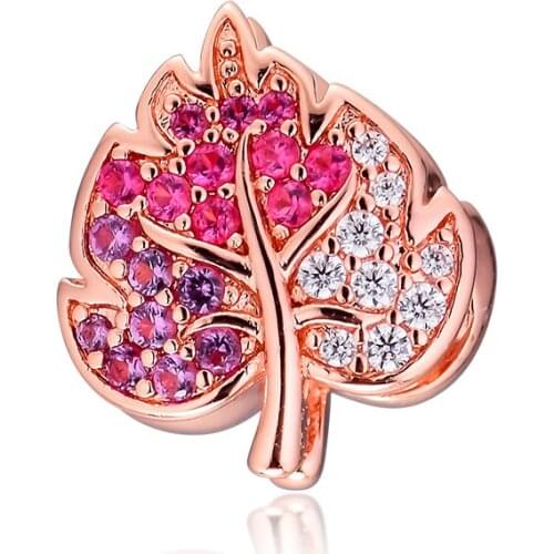 DIY Fits for Pandora Charms Bracelets Rose Sparkling Pave Leaf Beads 100% 925 Sterling-Silver-Jewelry Free Shipping