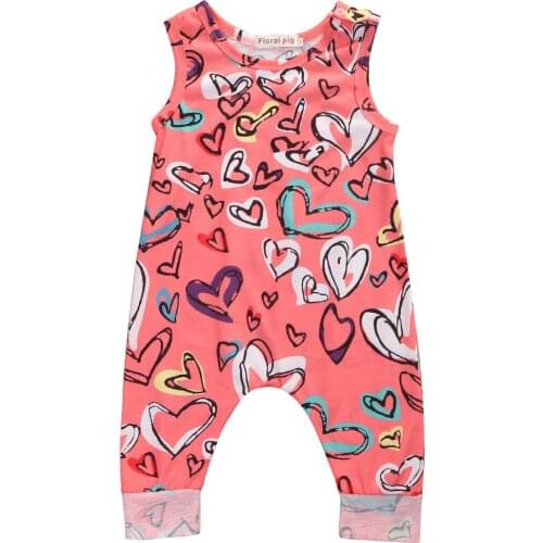Newborn Baby Girls Romper Summer Kids Clothes Infant Heart-Shape Print Romper Toddler Jumpsuit Valentines Day Outfit 0-2T