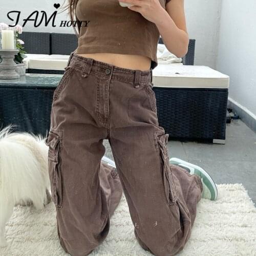 Street Style Boyfriend Oversized Straight Jeans Women Side Pockets High Waist Denim Pants Wide Leg Cargo Jeans Brown Iamhotty