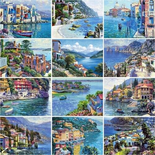 Evershine 5D DIY Diamond Painting Town Cross Stitch Kit Diamond Embroidery Seaside Landscape Moasic Art Home Decorations