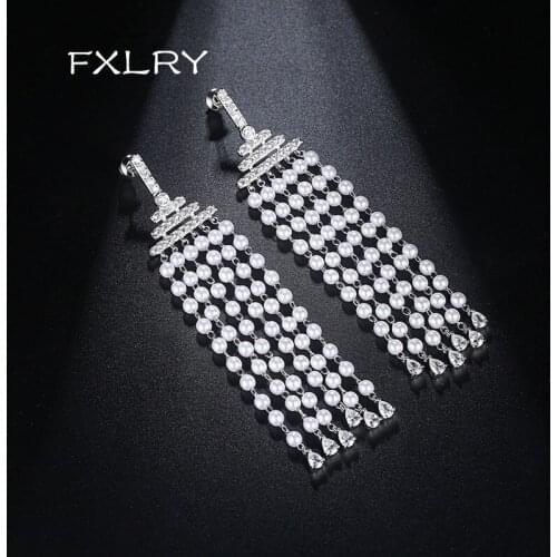 FXLRY New Design Elegant White Color Cubic Zircon Pearl Long Tassel Earrings For Wedding Bride Jewelry Accessories
