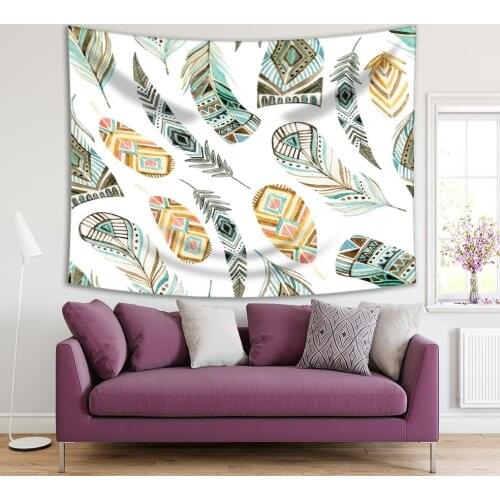 Tapestry with Feathers 2014geometrical Ethnic Patterns Abstract Boho Tribal Design Artwork Green Yellow
