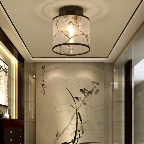 Classic Japanese Led Ceiling Lamp Vintage Retro Suspension Luminaire Fabric Shade Surface Mount Chinese Ceiling Light Fixtures