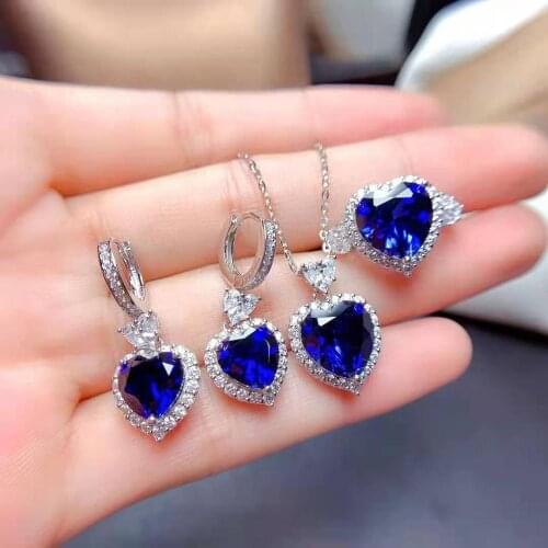 Natural Sapphire S925 Sterling Silver Heart-shaped Ring Pendant Necklace Earrings Set Fine Fashion Jewelry for Women MeibaPJFS
